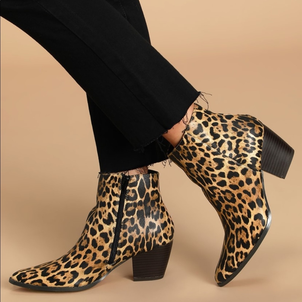 LuLus Leopard Print Pointed Toe Ankle Booties